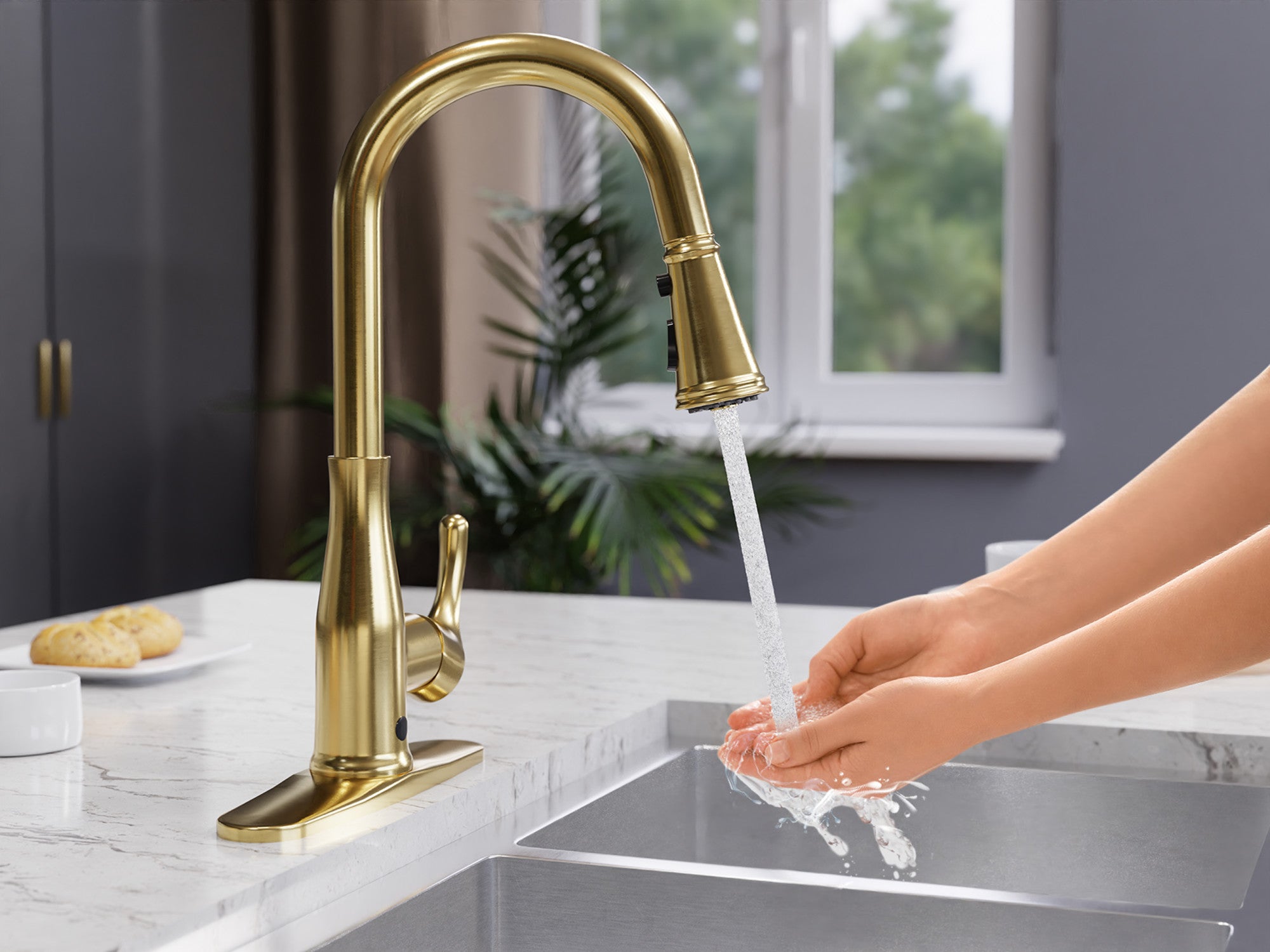 Sifo Hands Free Touchless 1-Handle Pull-Down Sprayer Kitchen Faucet with Motion Sense and Fan Sprayer — thumbnail 3