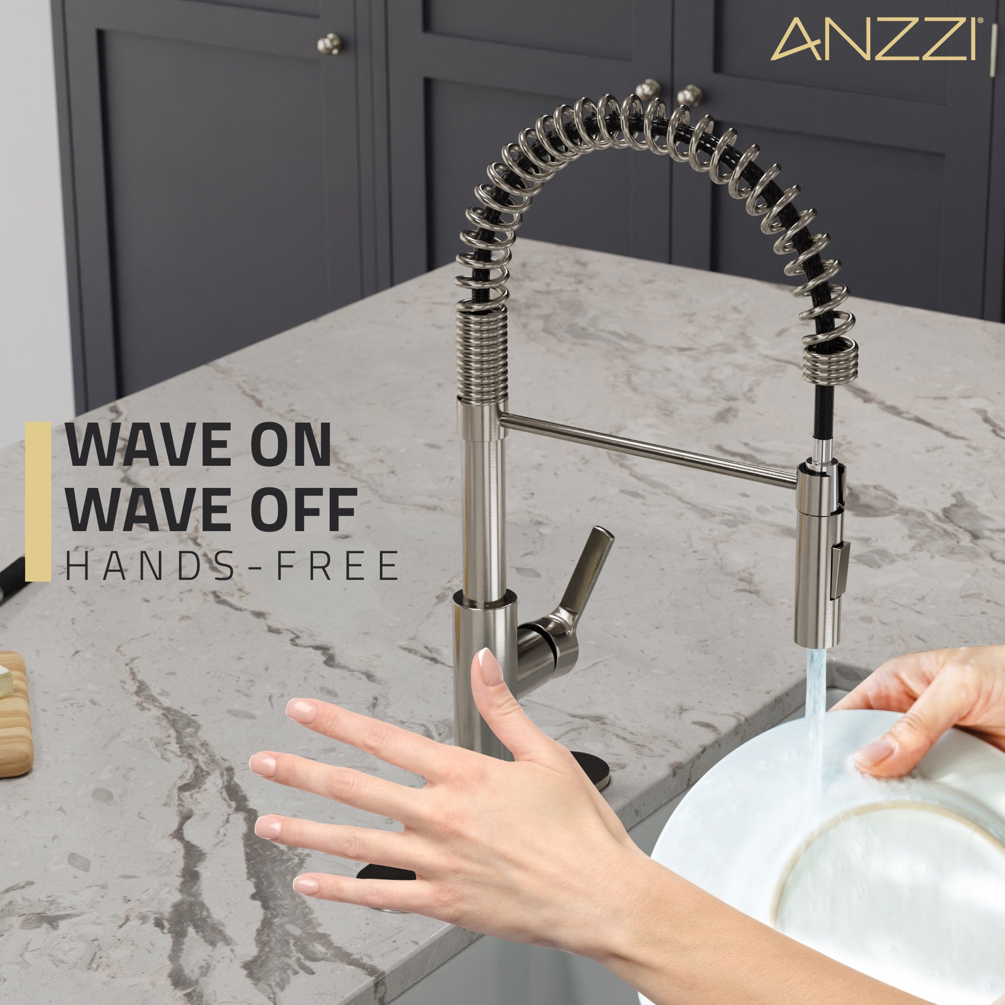 ANZZI Ola Touchless Faucet, 1-Handle, Dual Spray Pull-Down Sprayer, Motion Sensor Activation, Deck Plate Included, Rhino Alloy, Multiple Finishes — thumbnail 2