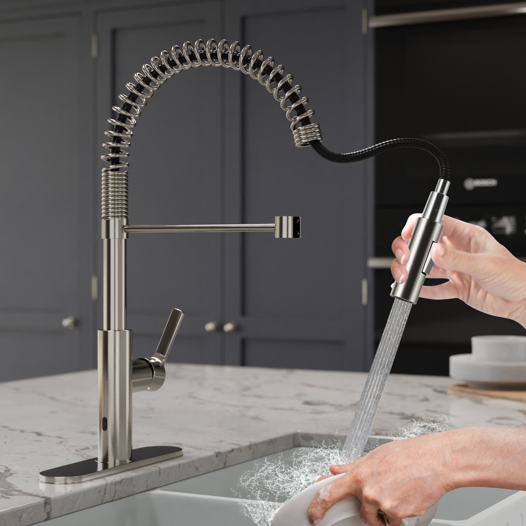 ANZZI Ola Touchless Faucet, 1-Handle, Dual Spray Pull-Down Sprayer, Motion Sensor Activation, Deck Plate Included, Rhino Alloy, Multiple Finishes — thumbnail 3