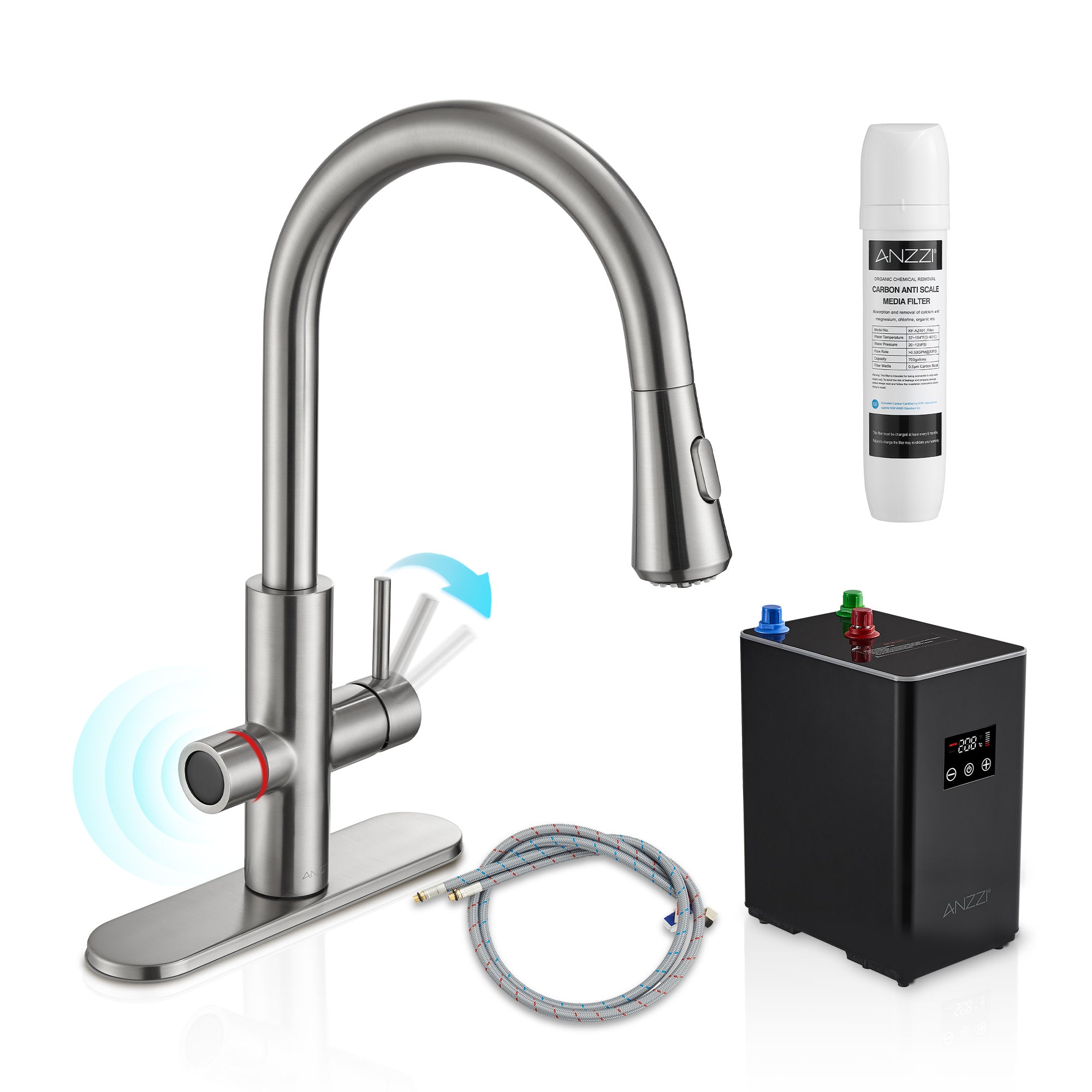 ANZZI Sunset 4-in-1 Faucet: Cold, Filtered, Instant Hot & Boiling Water Dispenser, Pull-Out Sprayer, Digital Tank Control, ETL Certified