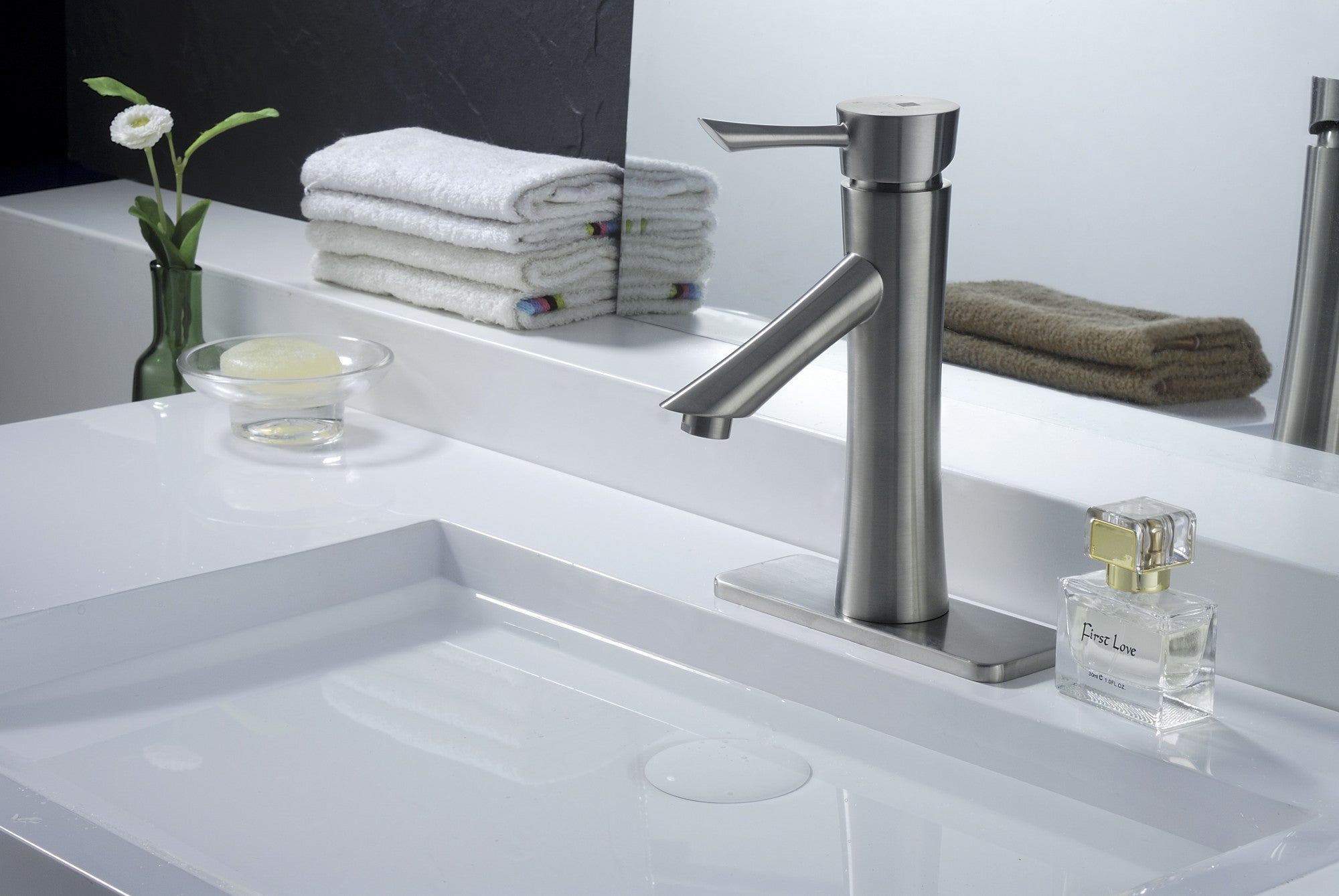 Saga Series Single Hole Single-Handle Low-Arc Bathroom Faucet in Brushed Nickel — thumbnail 2