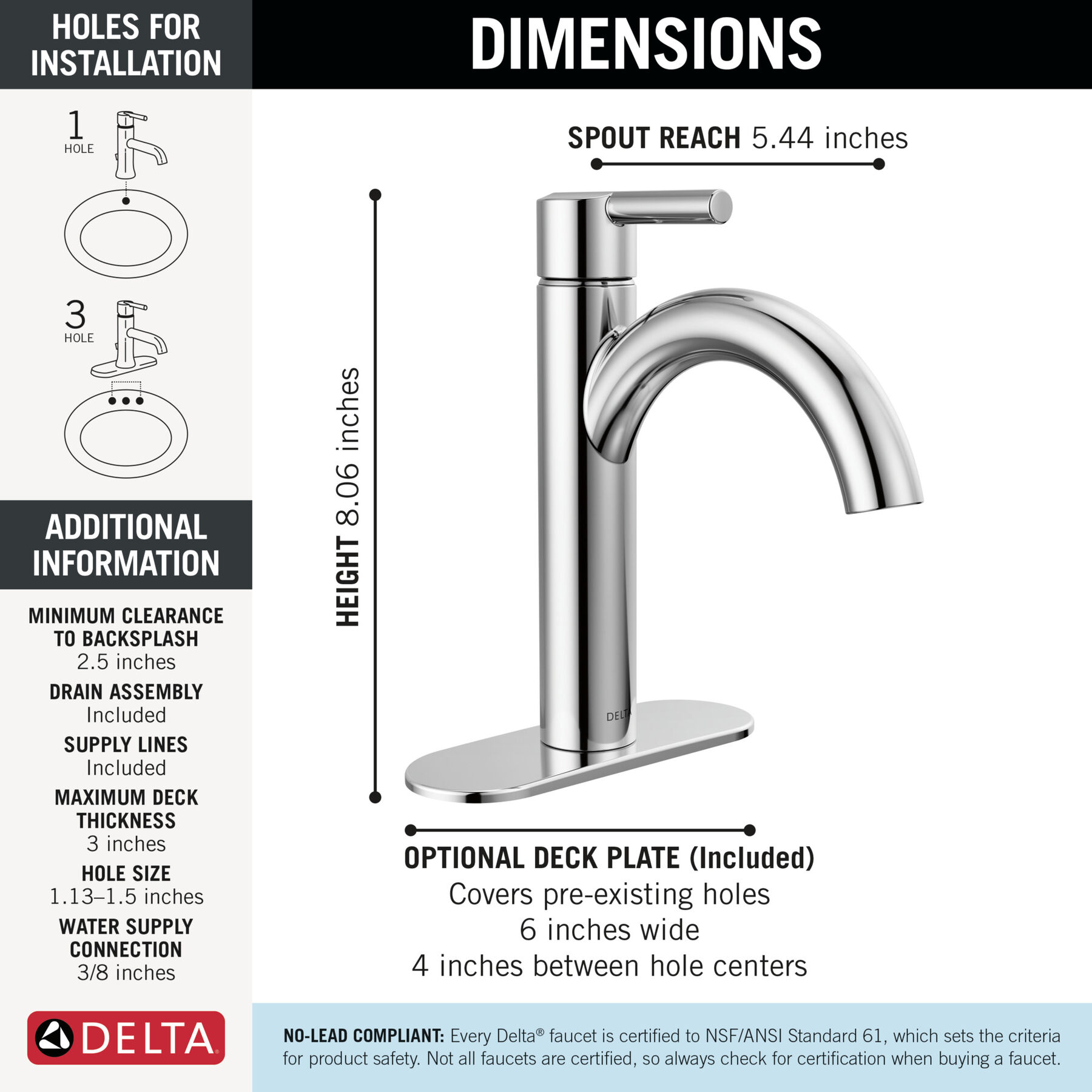 Single Handle Bathroom Faucet in Chrome 15749LF — thumbnail 2
