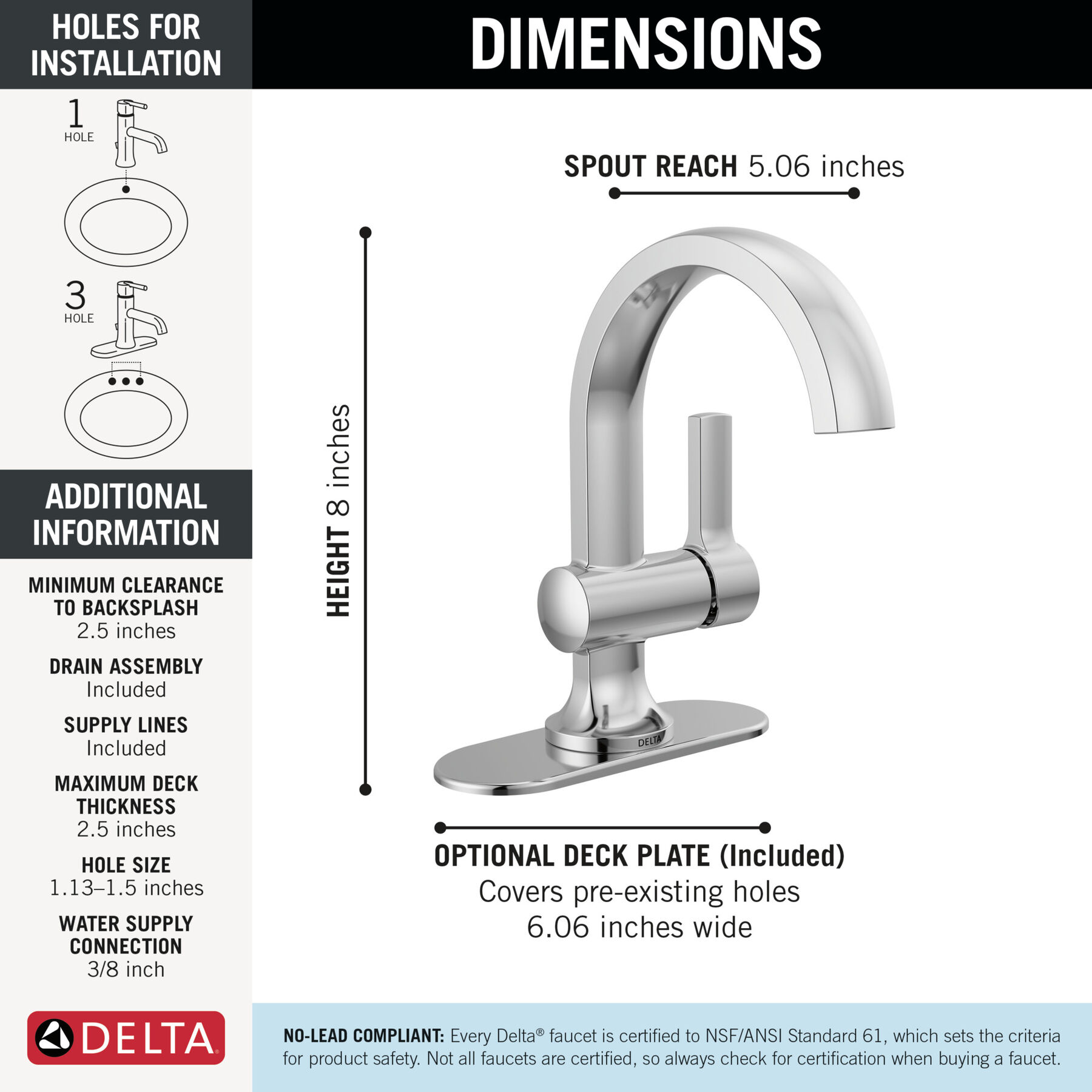 Single Handle Bathroom Faucet in Chrome 15855LF — thumbnail 2