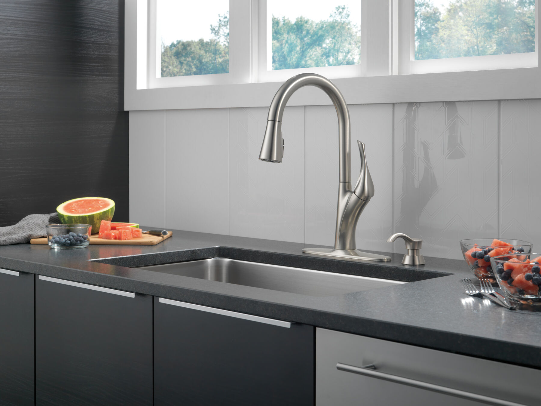 Single Handle Pull-Down Kitchen Faucet with Soap Dispenser and ShieldSpray® Technology in Spotshield Stainless — thumbnail 3