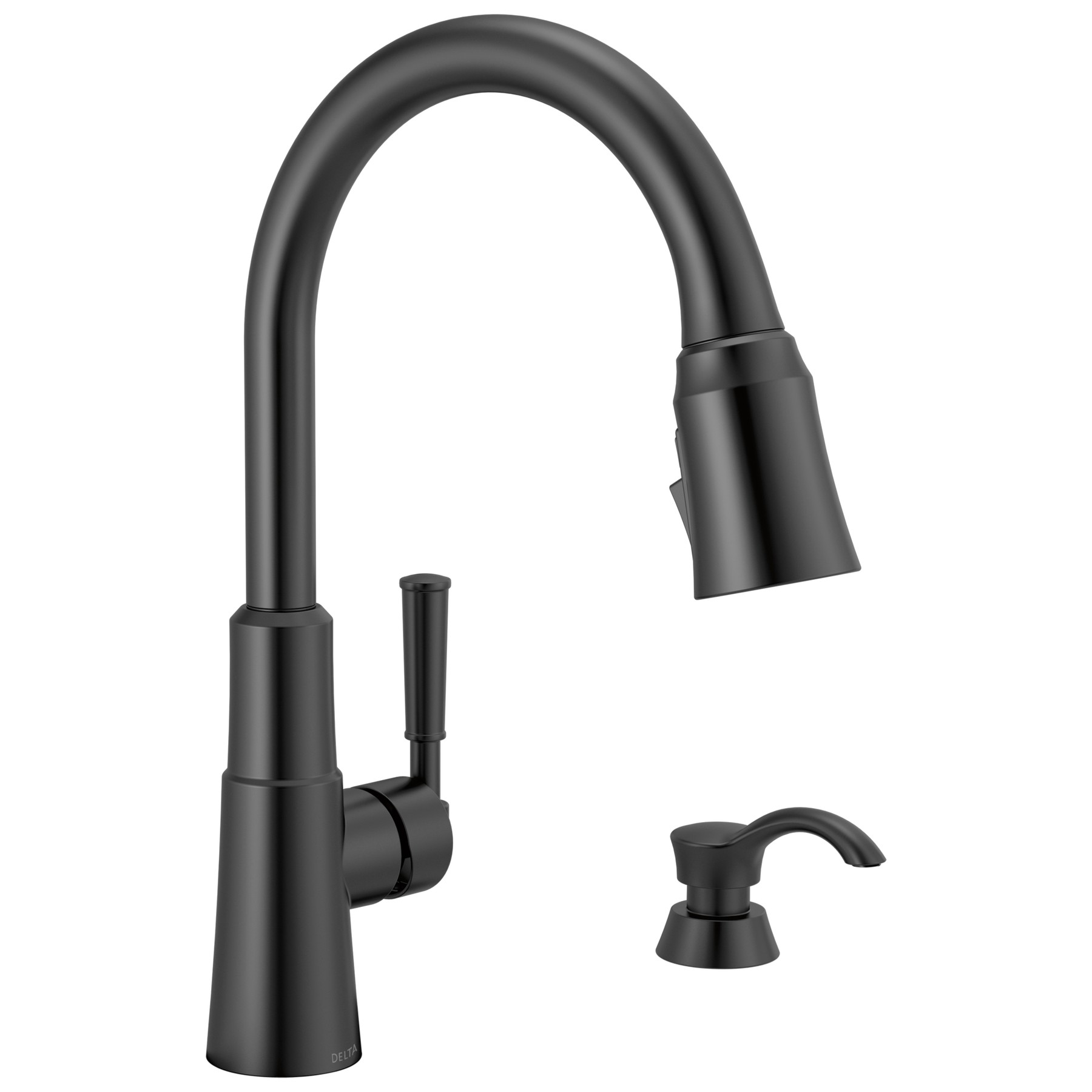 Single Handle Pull-Down Kitchen Faucet with Soap Dispenser and ShieldSpray® Technology in Matte Black