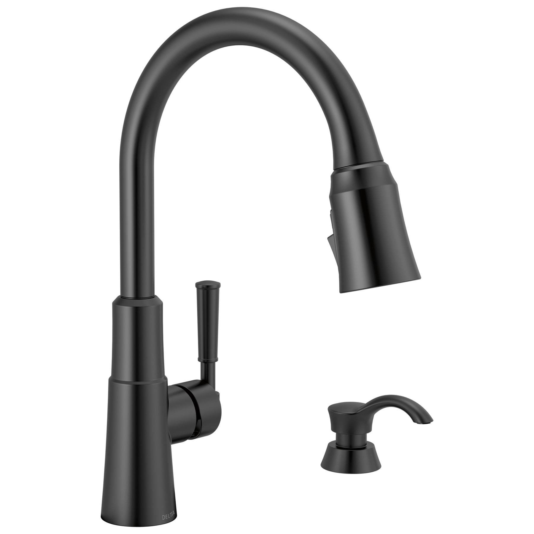 Single Handle Pull-Down Kitchen Faucet with Soap Dispenser and ShieldSpray® Technology in Matte Black — image 1