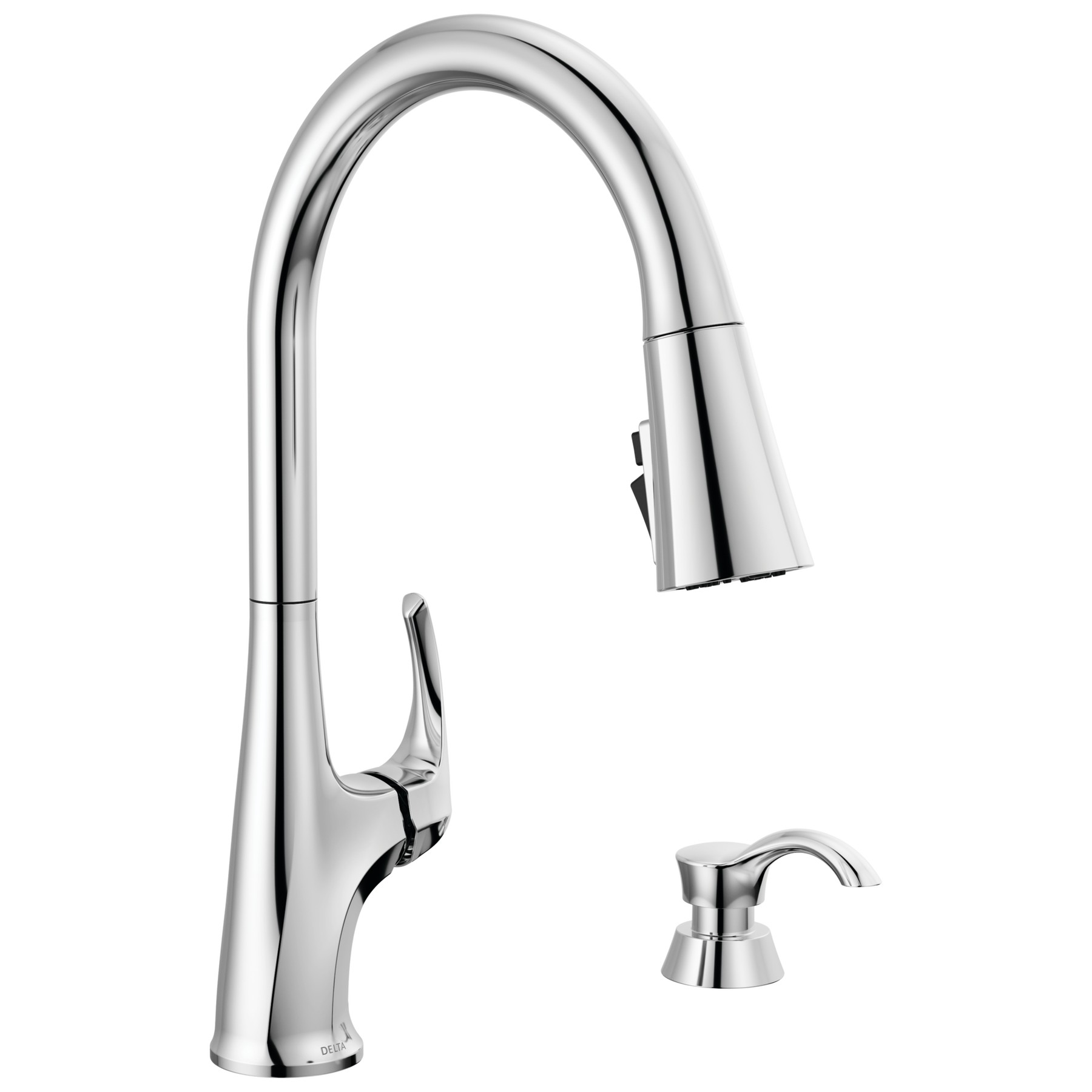 Single Handle Pull-Down Kitchen Faucet with Soap Dispenser and ShieldSpray Technology in Chrome