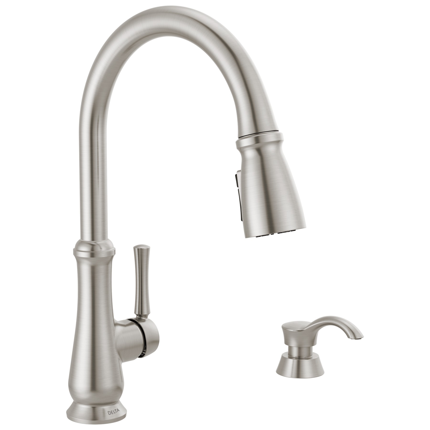 Single Handle Pull-Down Kitchen Faucet with Soap Dispenser and ShieldSpray Technology in Spotshield Stainless — image 1