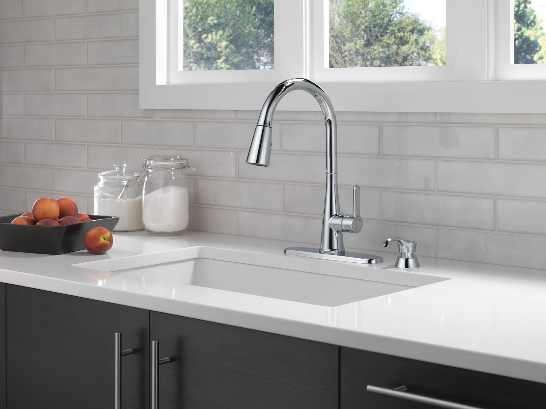 Single Handle Pull-Down Kitchen Faucet with Soap Dispenser and ShieldSpray® Technology in Chrome — thumbnail 2