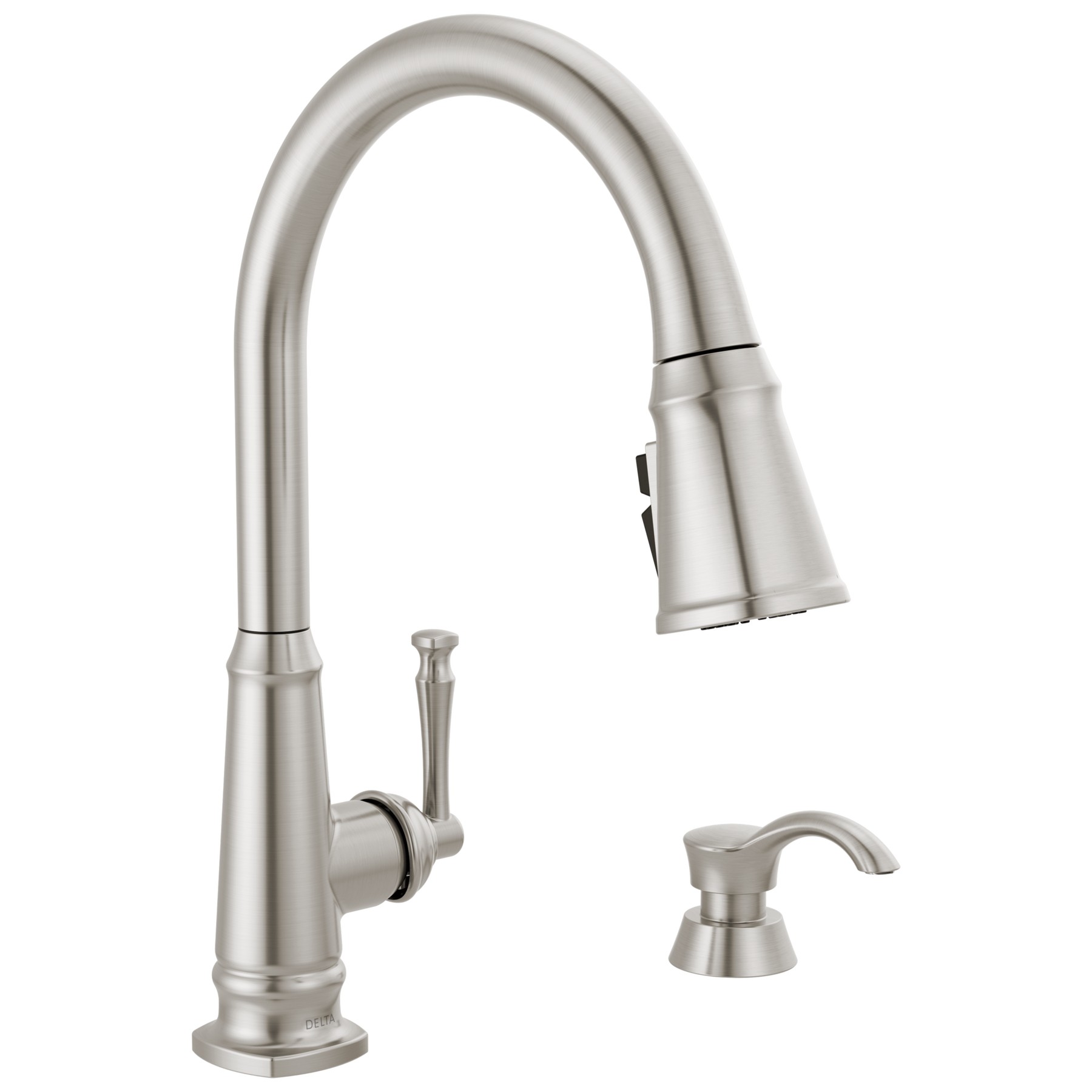 Single Handle Pull-Down Kitchen Faucet with Soap Dispenser and ShieldSpray Technology in Spotshield Stainless