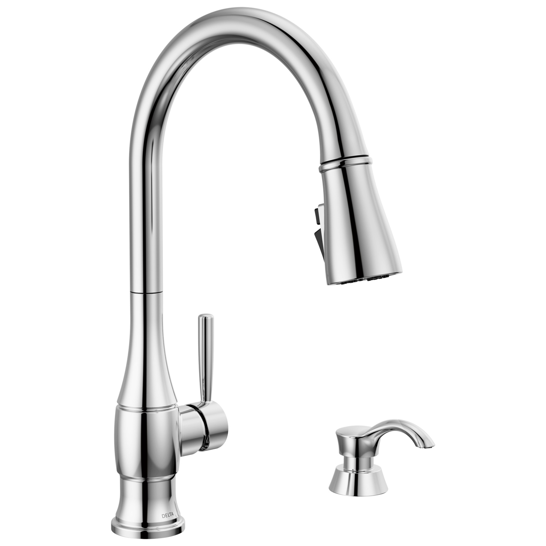 Single Handle Pull-Down Kitchen Faucet with Soap Dispenser and ShieldSpray Technology in Chrome