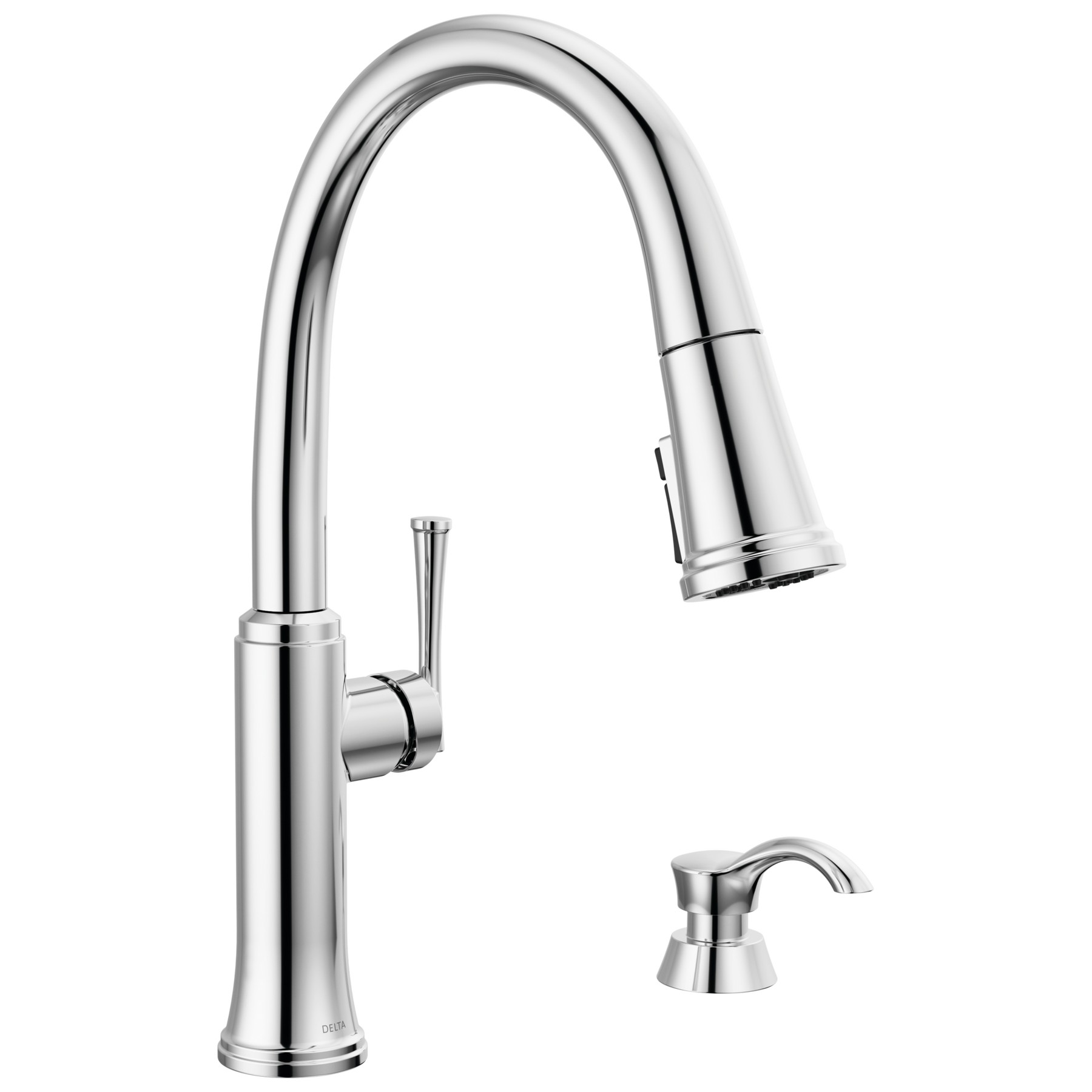 Single Handle Pull-Down Kitchen Faucet with Soap Dispenser and ShieldSpray Technology in Chrome — image 1