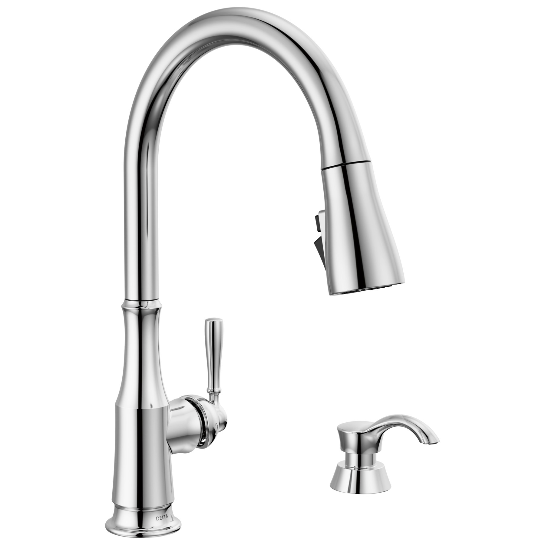 Single Handle Pull-Down Kitchen Faucet with Soap Dispenser and ShieldSpray Technology in Chrome