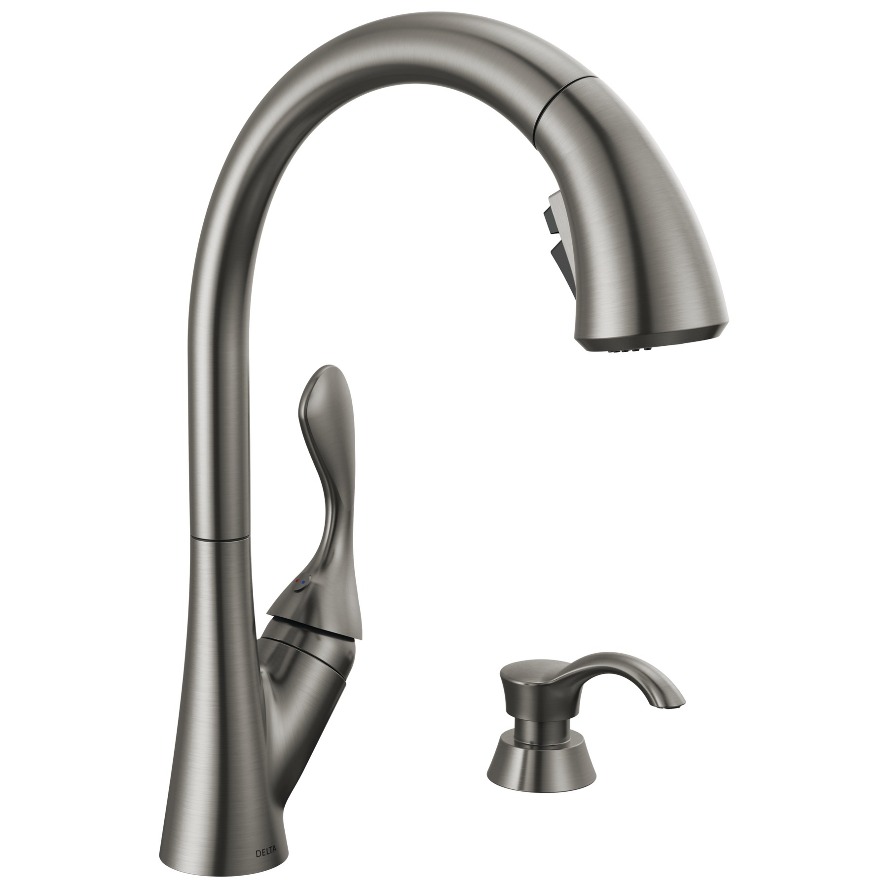 Single Handle Pull-Down Kitchen Faucet with Soap Dispenser and ShieldSpray® Technology in Black Stainless