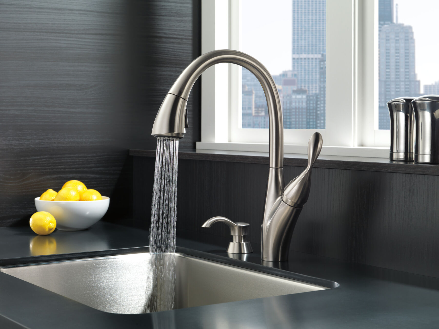 Single Handle Pull-down Kitchen Faucet with MagnaTite and Soap Dispenser in Spotshield Stainless — thumbnail 3