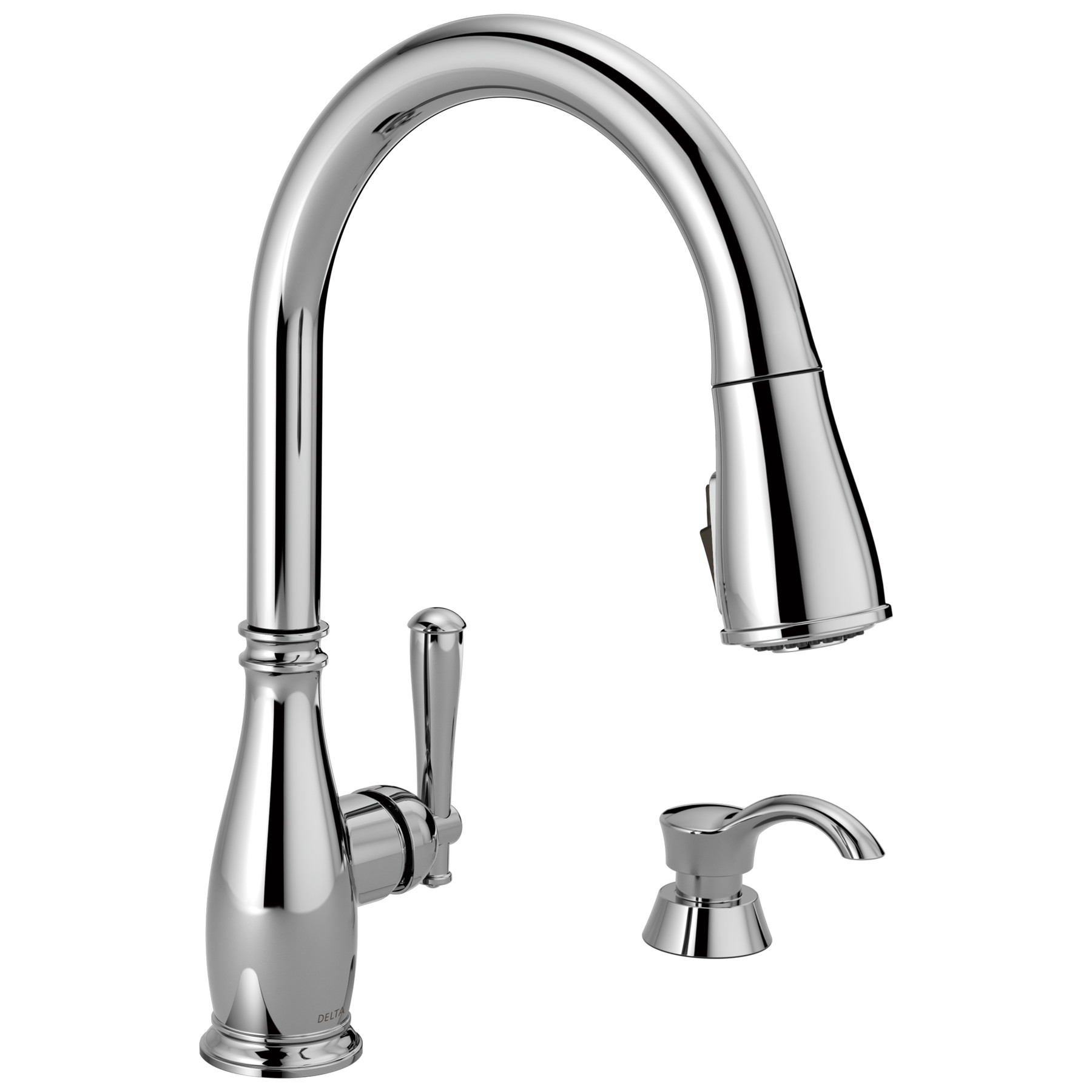 Single Handle Pull-Down Kitchen Faucet with Soap Dispenser and ShieldSpray in Chrome