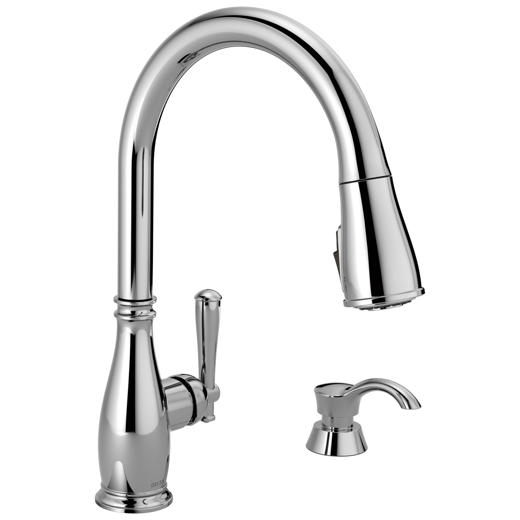 Single Handle Pull-Down Kitchen Faucet with Soap Dispenser and ShieldSpray in Chrome — image 1