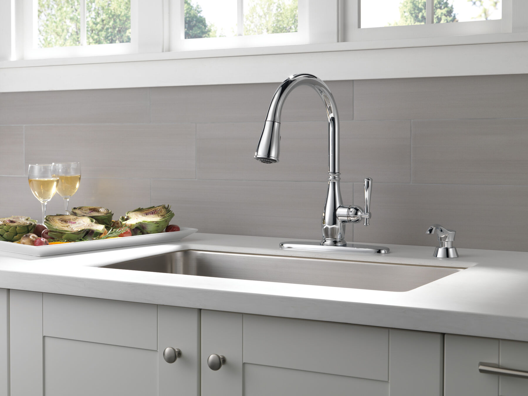 Single Handle Pull-Down Kitchen Faucet with Soap Dispenser and ShieldSpray in Chrome — thumbnail 3