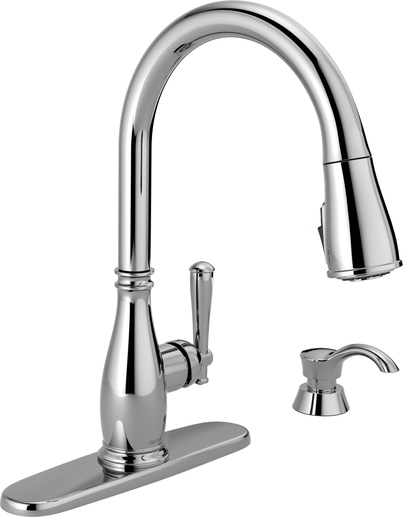Single Handle Pull-Down Kitchen Faucet with Soap Dispenser and ShieldSpray in Chrome — thumbnail 2