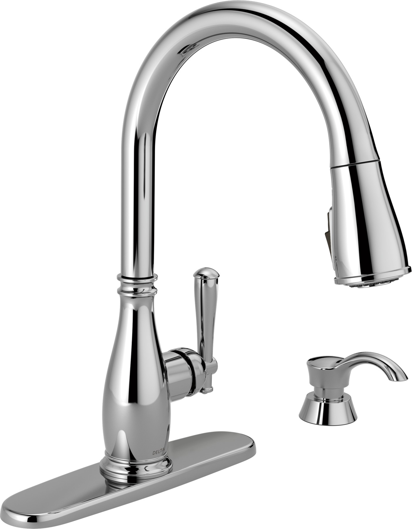 Single Handle Pull-Down Kitchen Faucet with Soap Dispenser and ShieldSpray in Chrome — thumbnail 2