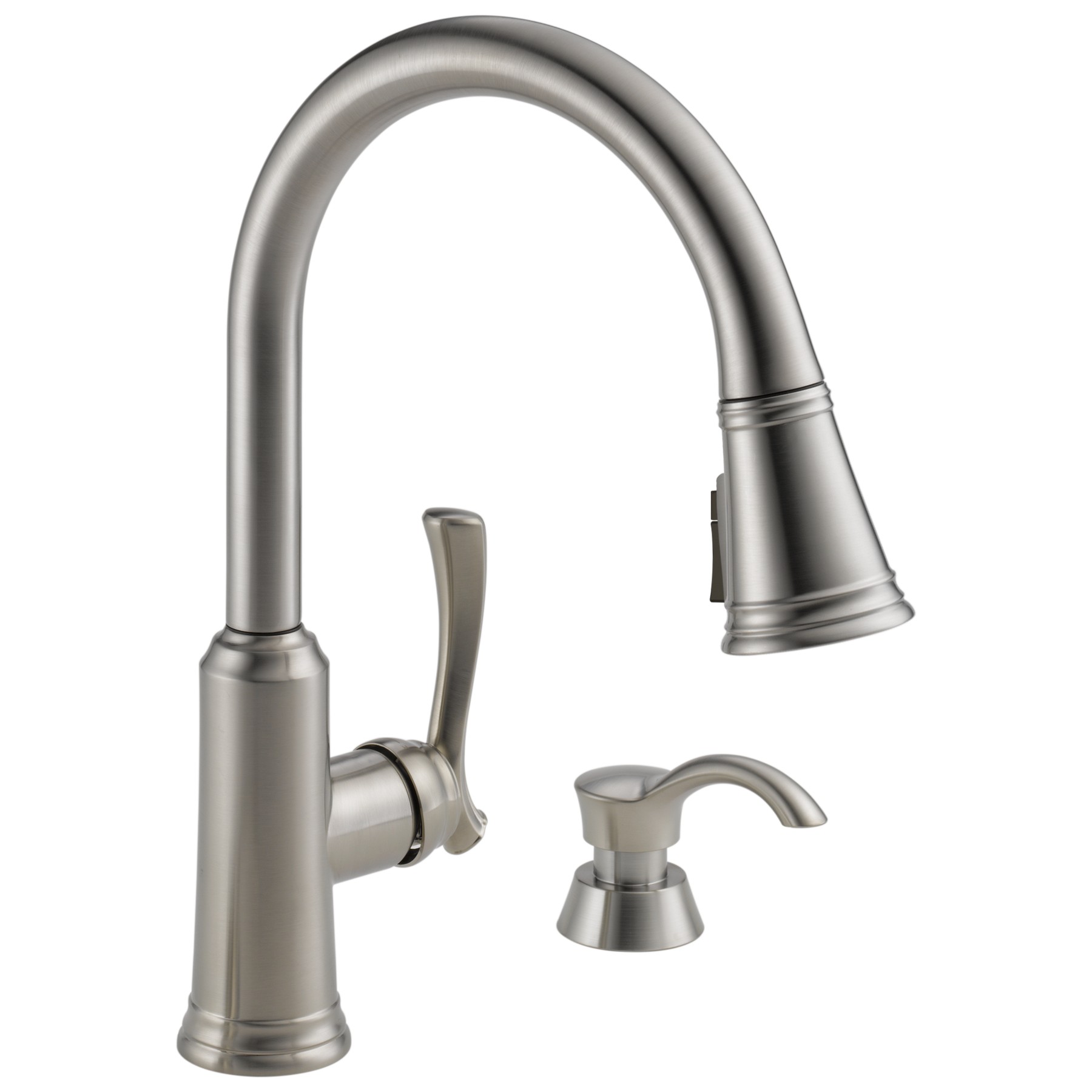 Single Handle Pull-Down Kitchen Faucet with Soap Dispenser and ShieldSpray® Technology in Stainless