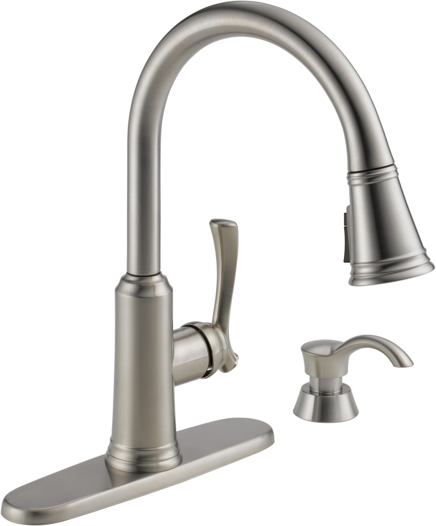 Single Handle Pull-Down Kitchen Faucet with Soap Dispenser and ShieldSpray® Technology in Stainless — thumbnail 2