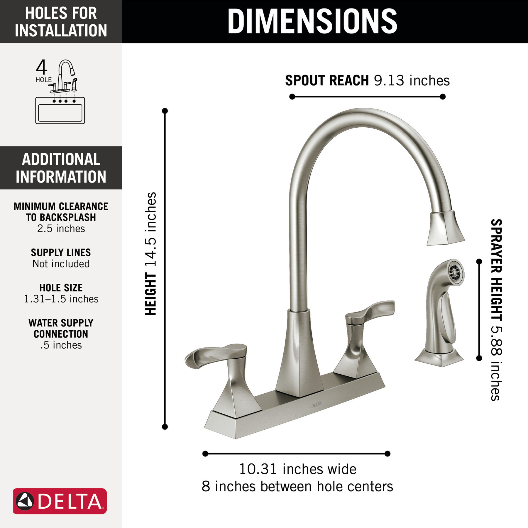 Two Handle Kitchen Faucet with Spray in Stainless — thumbnail 2