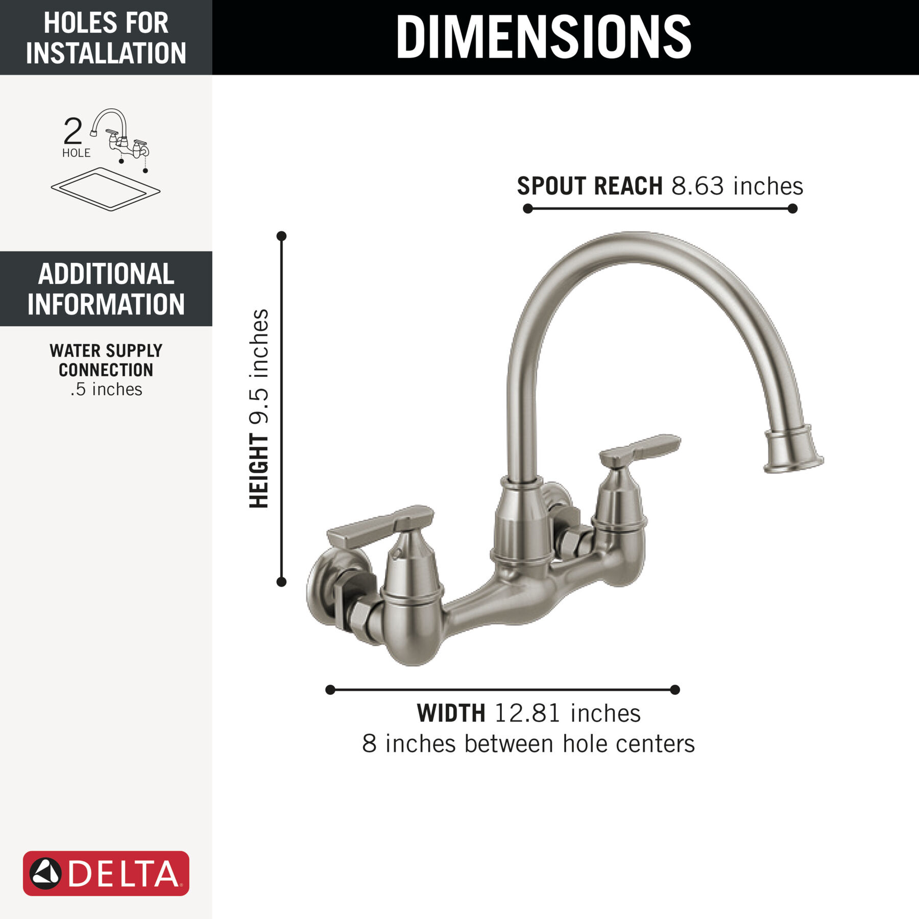 Two Handle Wall Mounted Kitchen Faucet in Stainless — thumbnail 3