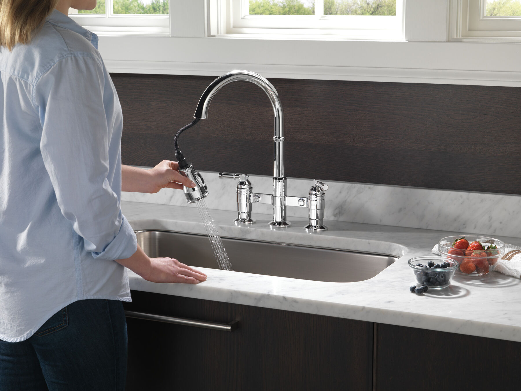 Two Handle Pull-Down Bridge Kitchen Faucet in Chrome — thumbnail 3