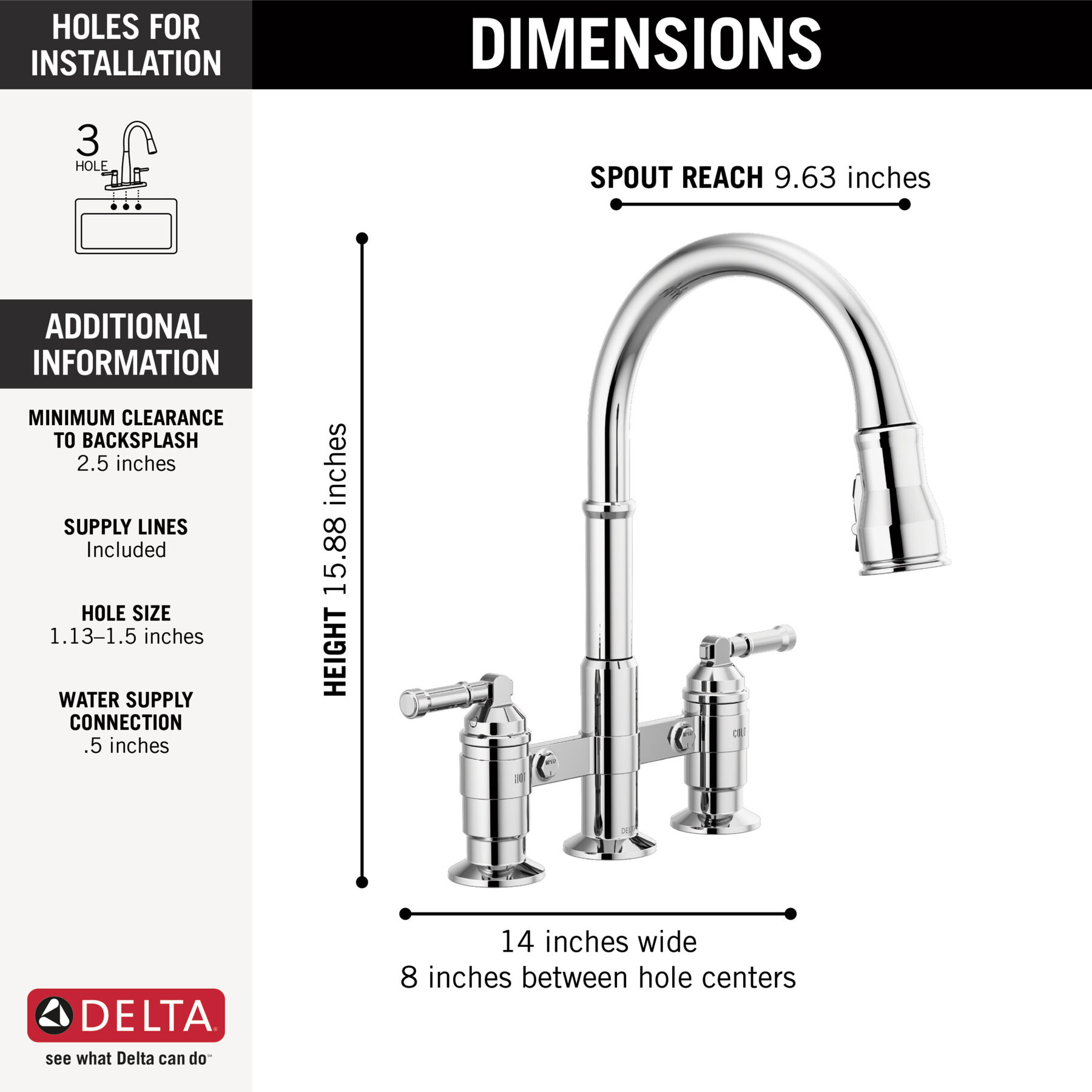 Two Handle Pull-Down Bridge Kitchen Faucet in Chrome — thumbnail 2