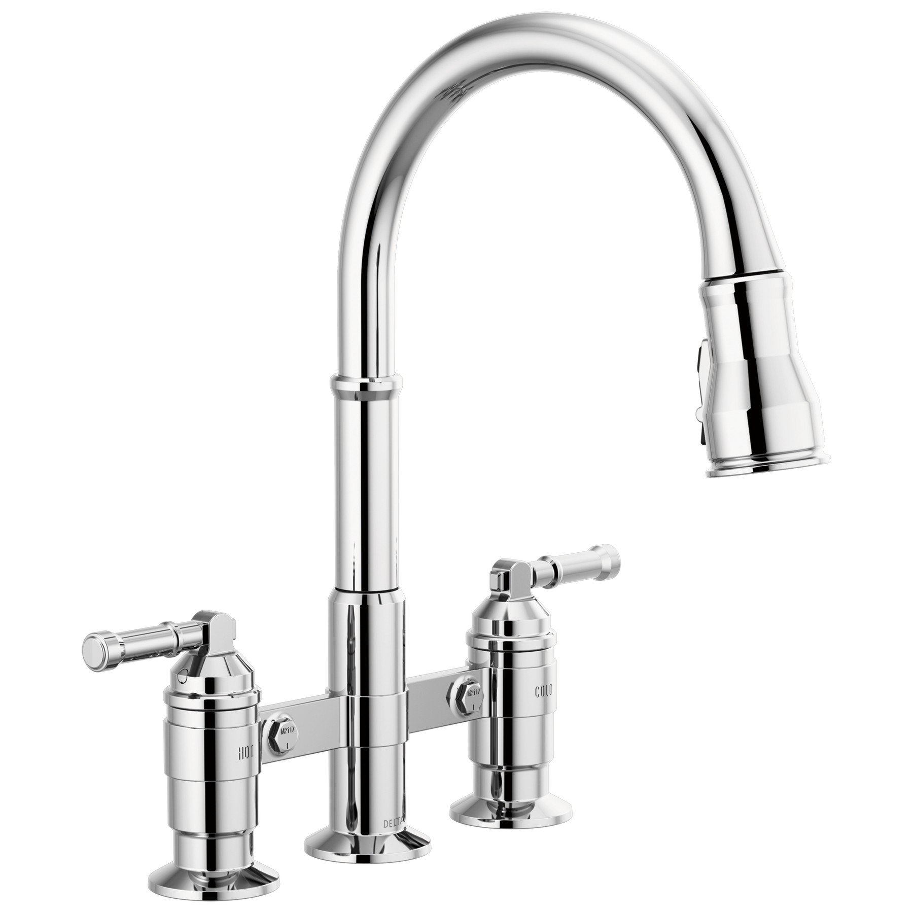 Two Handle Pull-Down Bridge Kitchen Faucet in Chrome
