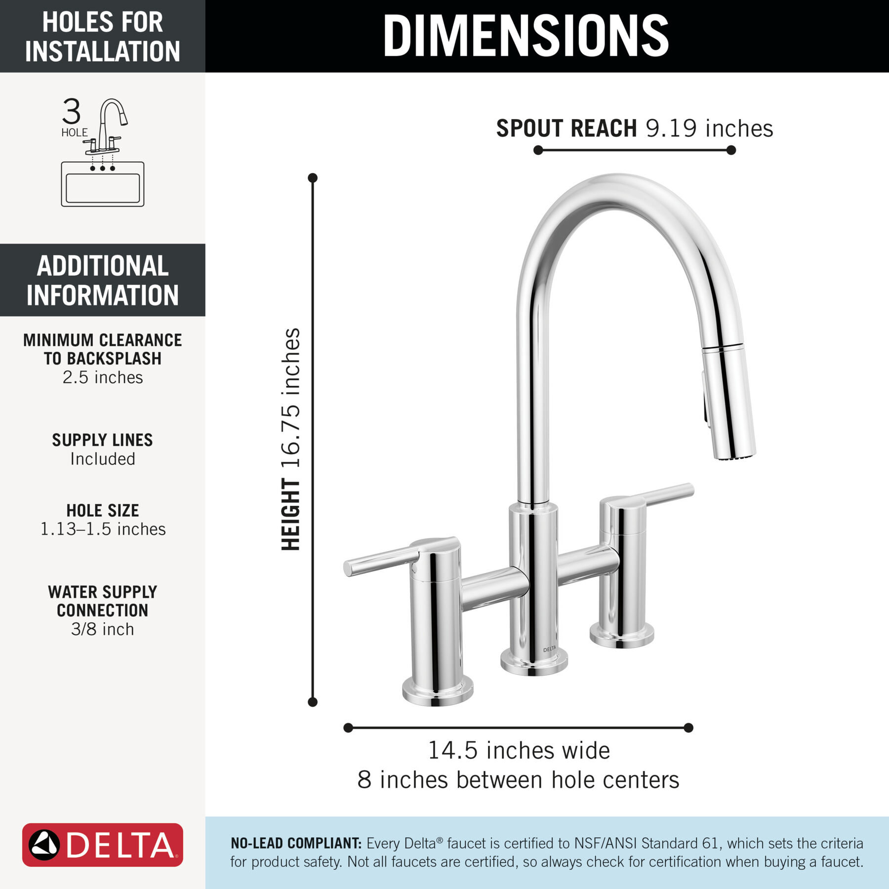 Two Handle Pull-Down Bridge Kitchen Faucet in Chrome 39876LF — thumbnail 2