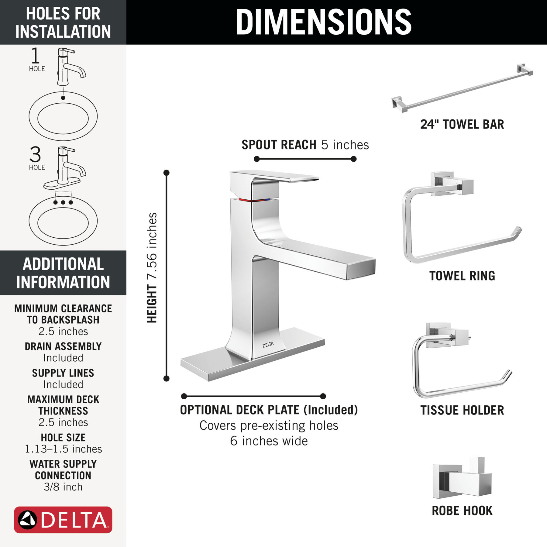 Single Handle Lavatory Faucet with Bathroom Accessories Bundle in Chrome — thumbnail 2