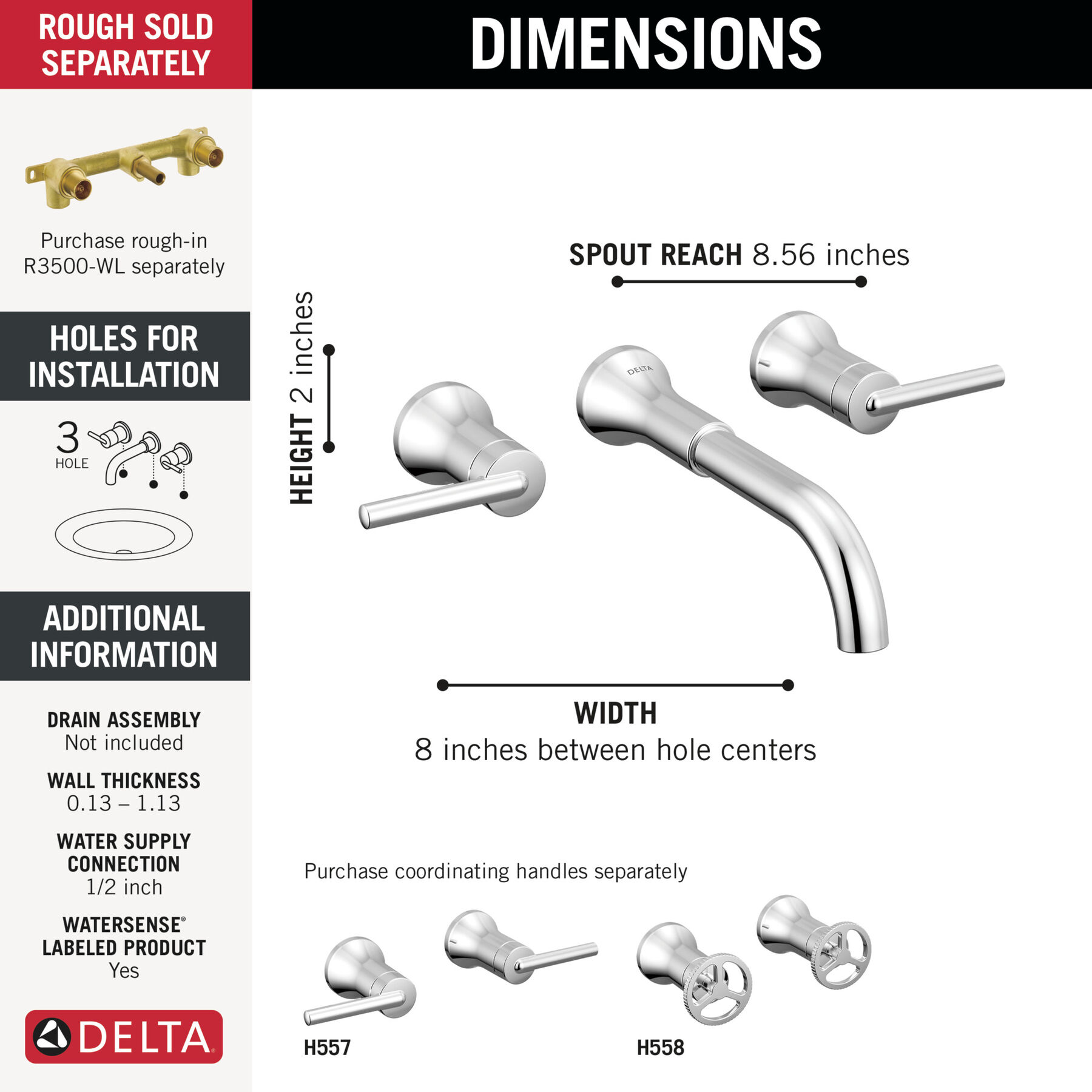 Two Handle Wall Mount Bathroom Faucet in Chrome — thumbnail 2