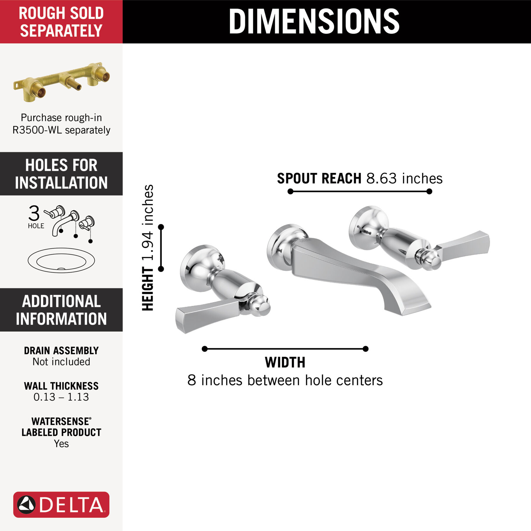Two Handle Wall Mount Bathroom Faucet Trim Only in Chrome — thumbnail 2