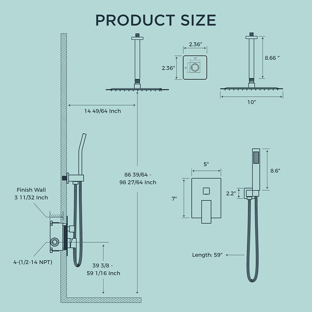 FORIOUS Shower Head System, 10 Inch Rain Shower Faucet Set with Handheld Spray Combo Rough-in Valve, Solid Brass Pressure Balanced Valve Trim Kit, Ceiling Mount, Matte Black — thumbnail 3