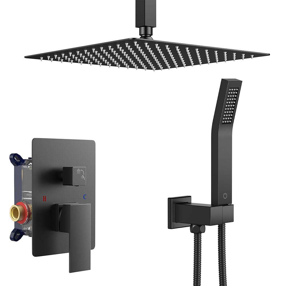 FORIOUS Shower Head System, 10 Inch Rain Shower Faucet Set with Handheld Spray Combo Rough-in Valve, Solid Brass Pressure Balanced Valve Trim Kit, Ceiling Mount, Matte Black — image 1