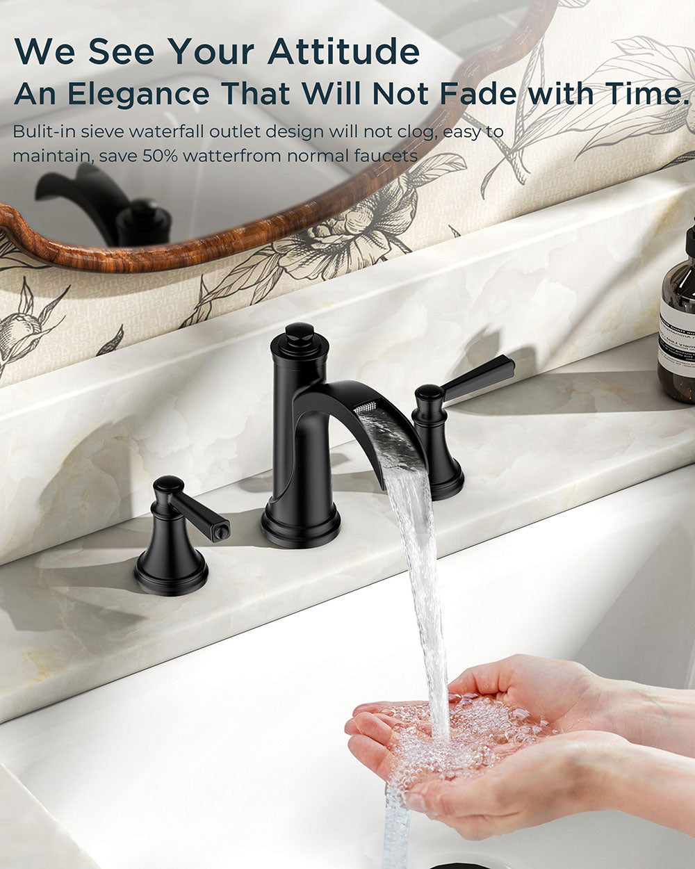 FORIOUS 8 Inch Widespread  Bathroom Faucet 3 Hole, 2 Handle Brass Waterfall Faucet for Bathroom Sink 3 Hole with Mteal Pop-up Drain and CUPC Supply Line, for 6-12”  Vanity — thumbnail 3