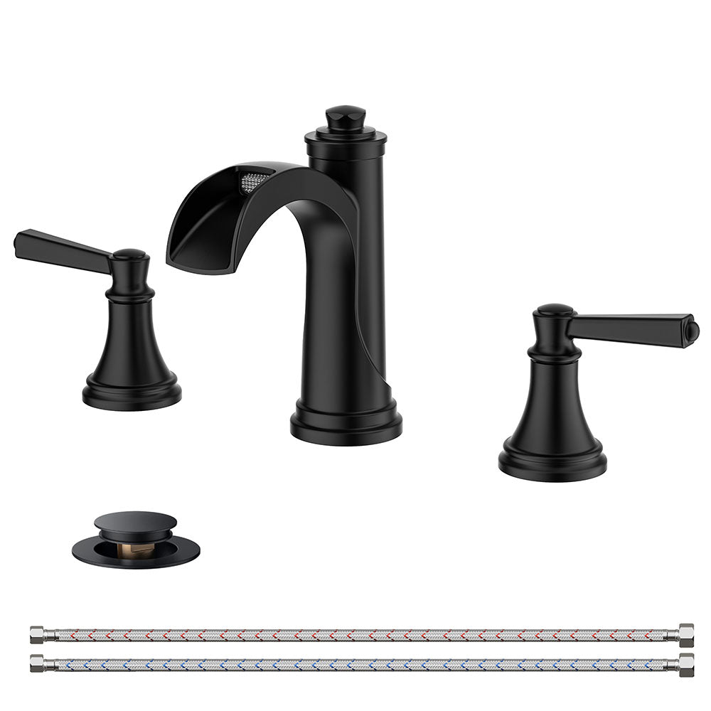 FORIOUS 8 Inch Widespread  Bathroom Faucet 3 Hole, 2 Handle Brass Waterfall Faucet for Bathroom Sink 3 Hole with Mteal Pop-up Drain and CUPC Supply Line, for 6-12”  Vanity — image 1