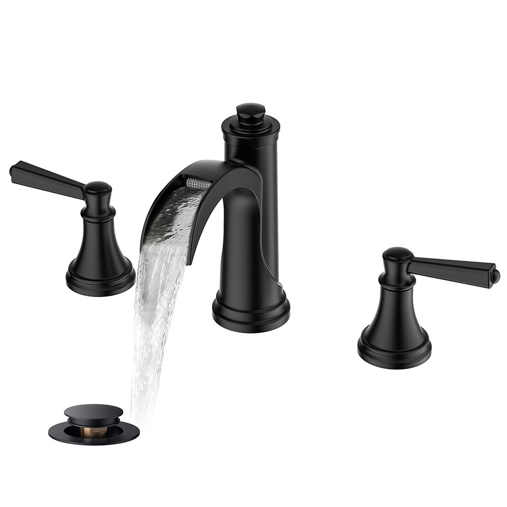 FORIOUS 8 Inch Widespread  Bathroom Faucet 3 Hole, 2 Handle Brass Waterfall Faucet for Bathroom Sink 3 Hole with Mteal Pop-up Drain and CUPC Supply Line, for 6-12”  Vanity — thumbnail 2