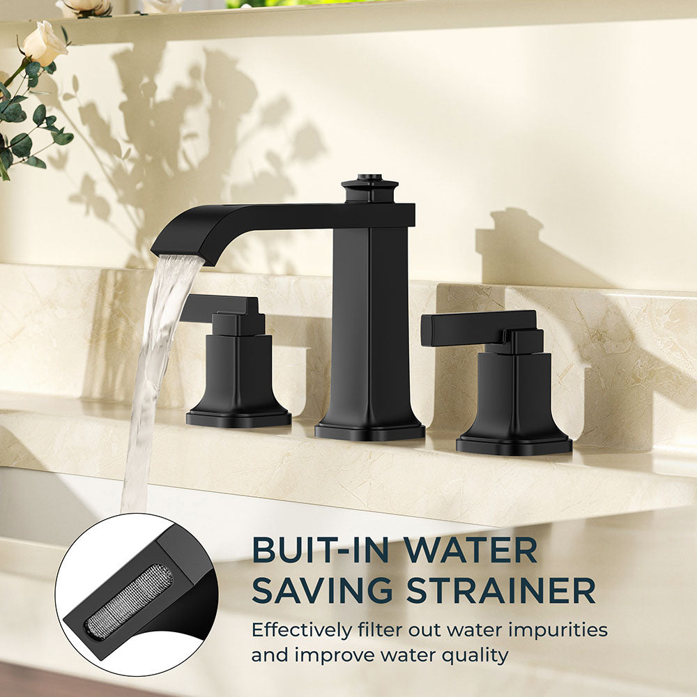 FORIOUS 3 Hole Sink Bathroom Faucet for Vanity with Metal Pop Up Drain, 8 Inch Widespread Bathroom Faucets 2-Handle, Elegant Mordern Waterfall Design — thumbnail 2