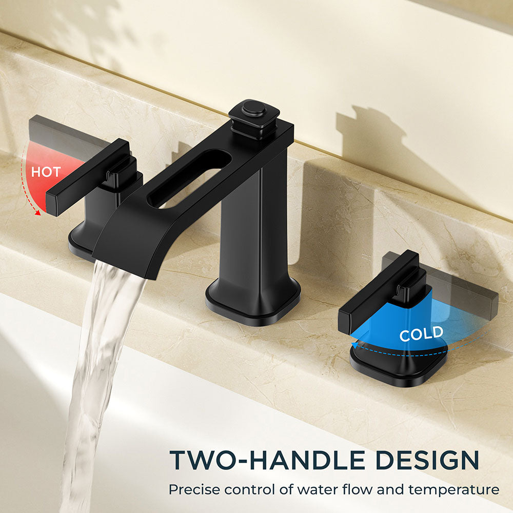 FORIOUS 3 Hole Sink Bathroom Faucet for Vanity with Metal Pop Up Drain, 8 Inch Widespread Bathroom Faucets 2-Handle, Elegant Mordern Waterfall Design — thumbnail 3