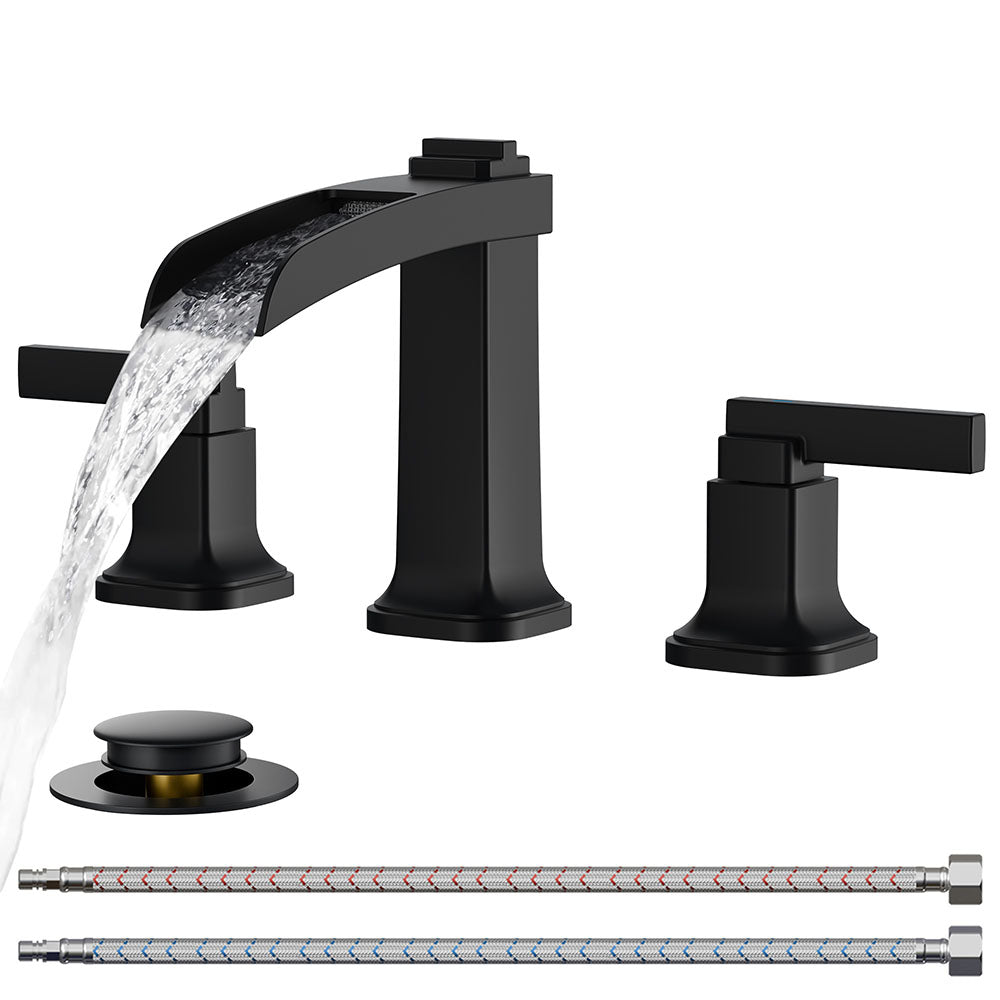 FORIOUS Waterfall Brushed Gold Bathroom Faucets 3 Hole, Modern Widespread 8 Inch Bathroom Sink Faucet with Metal Pop-up Drain and Pre-Assembled Hose for Vanity,Restroom — image 1