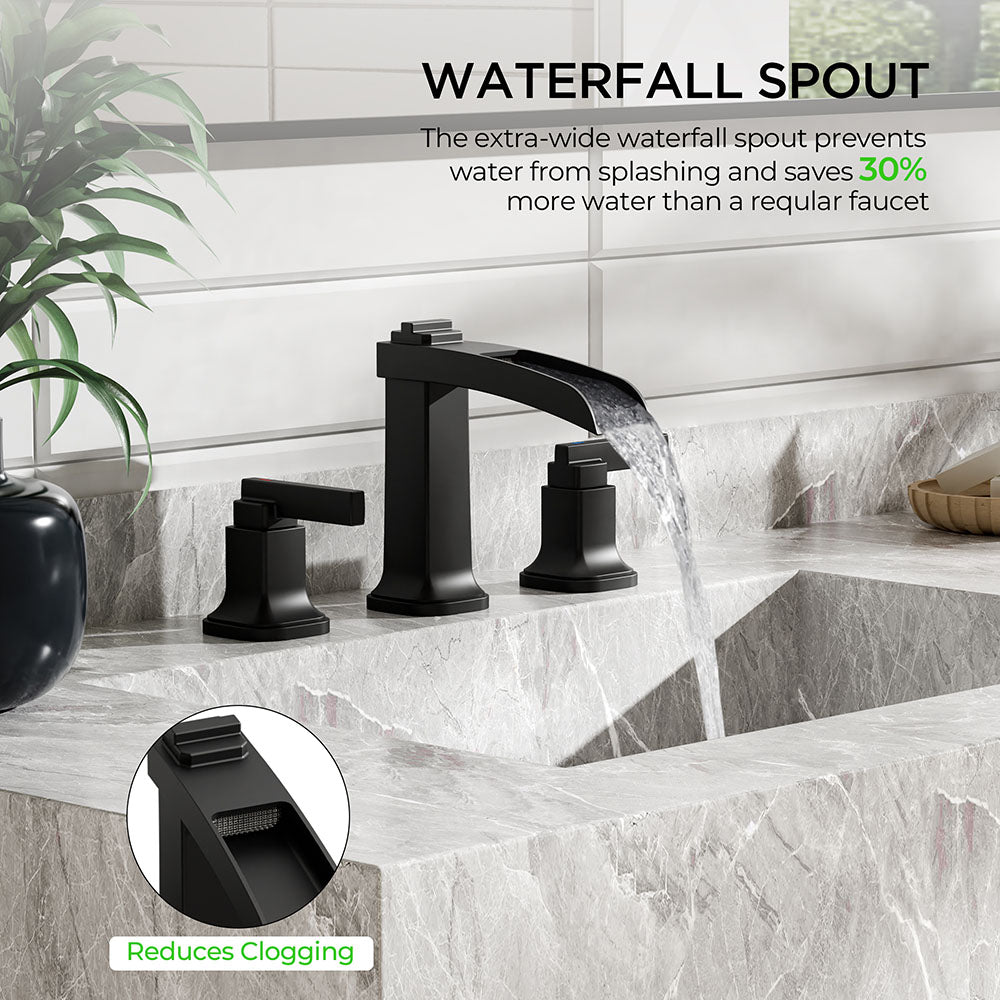 FORIOUS Waterfall Brushed Gold Bathroom Faucets 3 Hole, Modern Widespread 8 Inch Bathroom Sink Faucet with Metal Pop-up Drain and Pre-Assembled Hose for Vanity,Restroom — thumbnail 3