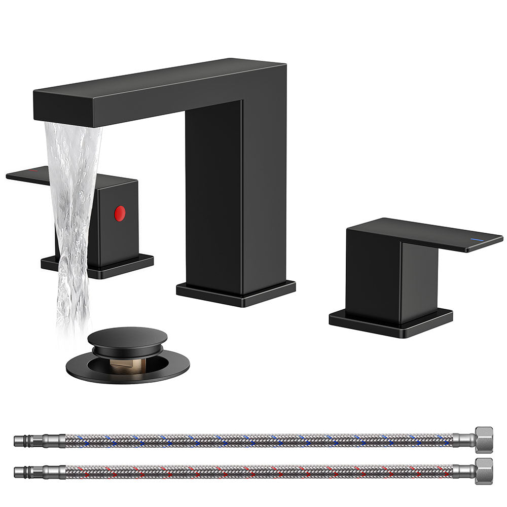 FORIOUS Matte Black Waterfall Bathroom Faucet 3 Hole, 8 Inch Widespread Square Bathroom Sink Faucet with Metal Pop-Up Drain and cUPC Supply Lines Included for Restroom, Lavatory, Vanity Sink — image 1