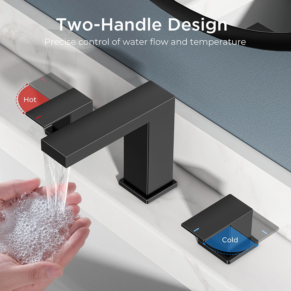 FORIOUS Matte Black Waterfall Bathroom Faucet 3 Hole, 8 Inch Widespread Square Bathroom Sink Faucet with Metal Pop-Up Drain and cUPC Supply Lines Included for Restroom, Lavatory, Vanity Sink — thumbnail 3