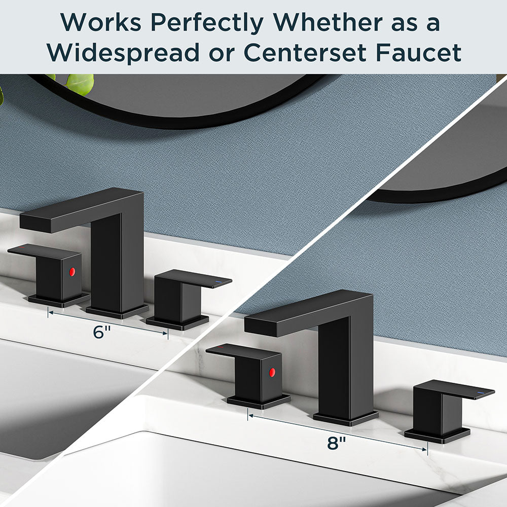 FORIOUS Matte Black Waterfall Bathroom Faucet 3 Hole, 8 Inch Widespread Square Bathroom Sink Faucet with Metal Pop-Up Drain and cUPC Supply Lines Included for Restroom, Lavatory, Vanity Sink — thumbnail 2