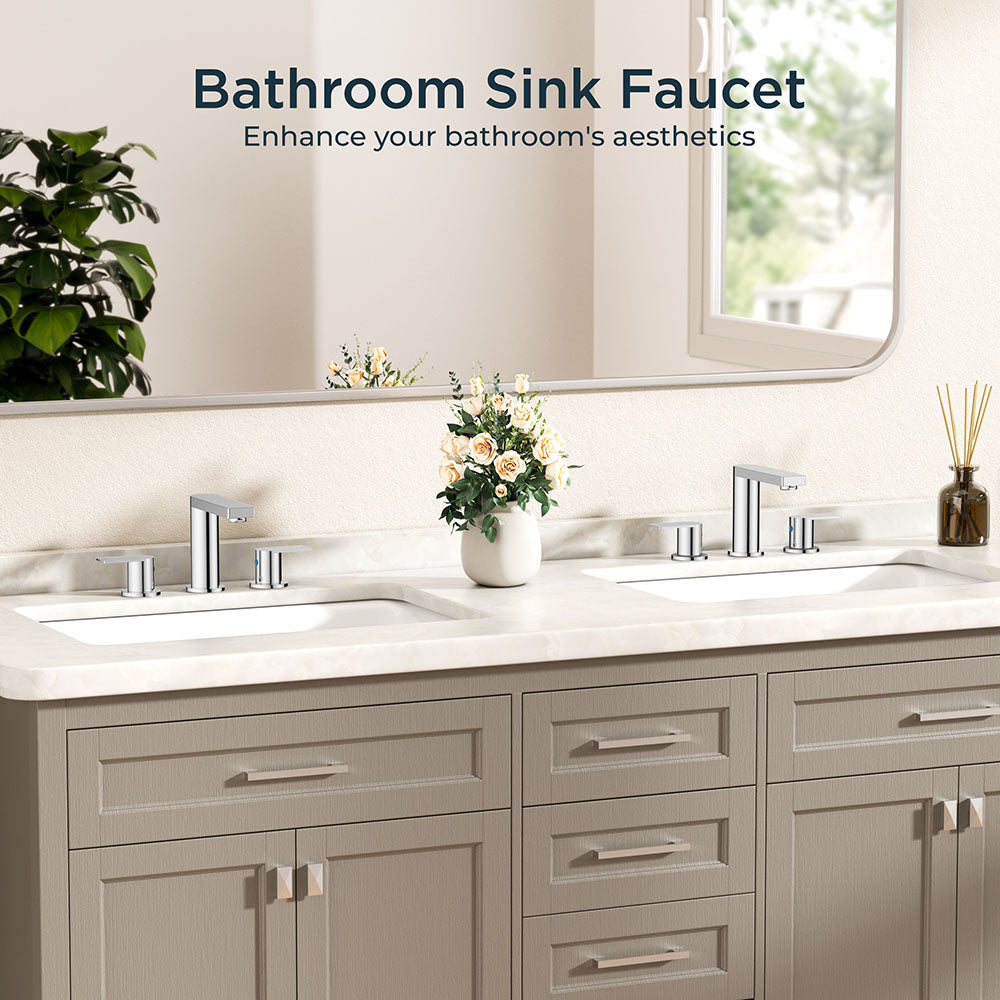 FORIOUS Chrome Bathroom Faucets 3 Hole, 8 Inch Widespread Bathroom Sink Faucet with Pop-up Drain and Cupc Supply Lines, 2-Handle for Vanity, Hotel — thumbnail 2