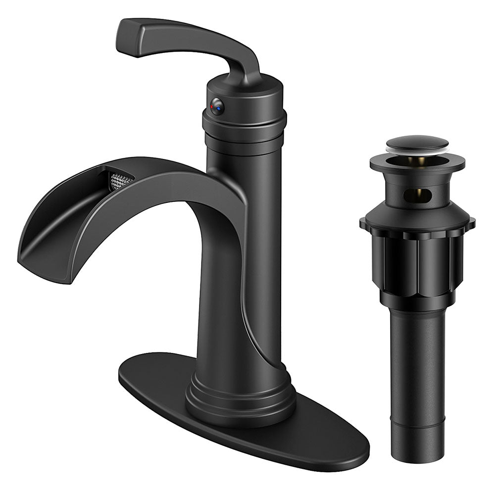 FORIOUS Bathroom Faucet Single Handle One Hole Antique Waterfall Bathroom Faucet with Metal Pop Up Drain and Deck Plate for Lavatory Vanity Farmhouse RV — image 1