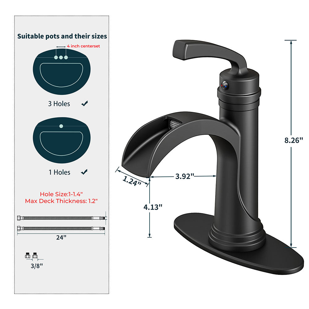 FORIOUS  Bathroom Faucet Single Handle One Hole Antique Waterfall Bathroom Faucet with Metal Pop Up Drain and Deck Plate for Lavatory Vanity Farmhouse RV — thumbnail 2